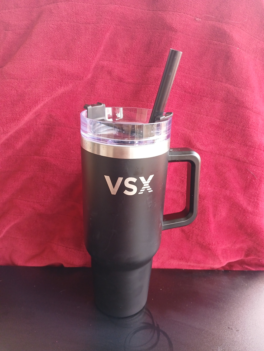 VSX Black Travel Tumbler with Handle and Straw